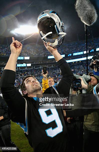 Graham Gano of the Carolina Panthers celebrates kicking the game winning field goal, defeating the Indianapolis Colts 29-26 at Bank of America...