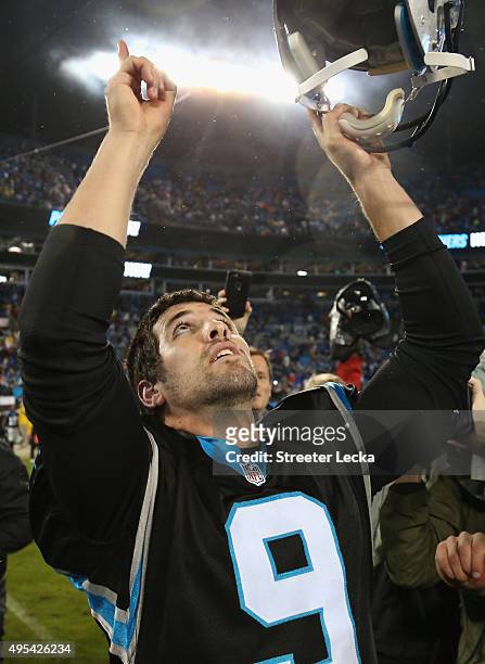 Graham Gano of the Carolina Panthers celebrates kicking the game winning field goal, defeating the Indianapolis Colts 29-26 at Bank of America...