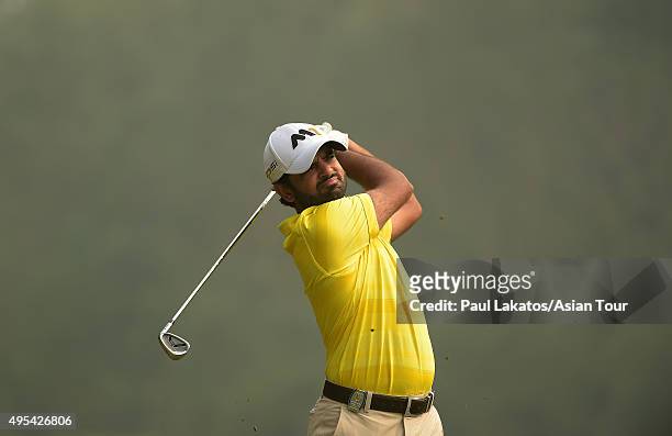 Chiragh Kumar of India plays a shot during practice ahead of the Panasonic Open India at Delhi Golf Club on November 3, 2015 in New Delhi, India.