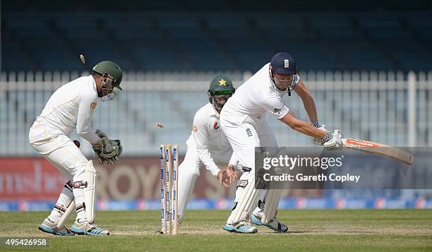 Jonathan Bairstow of England is bowled by Zulfiqar Babar of Pakistan during day three of the 3rd Test between Pakistan and England at Sharjah Cricket...