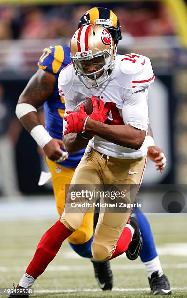 Jerome Simpson of the San Francisco 49ers runs after making a reception during the game against the St. Louis Rams at the Edward Jones Dome on...