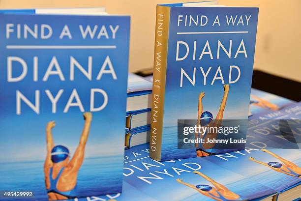 General view of books on display during Diana Nyad discussion and signing of her book 'Find A Way' at Miami Dade College Wolfson Auditorium Presented...