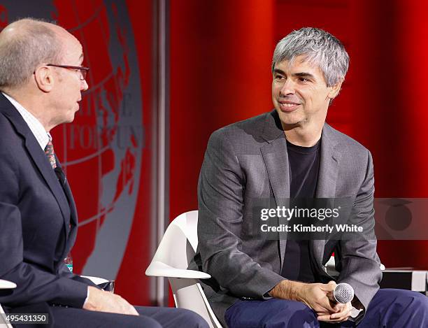 Larry Page and Alan Murray speak during the Fortune Global Forum at the Legion Of Honor on November 2, 2015 in San Francisco, California.