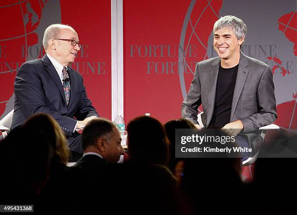 Larry Page and Alan Murray speak during the Fortune Global Forum at the Legion Of Honor on November 2, 2015 in San Francisco, California.