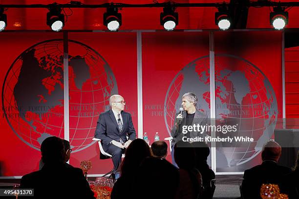 Larry Page and Alan Murray speak during the Fortune Global Forum at the Legion Of Honor on November 2, 2015 in San Francisco, California.