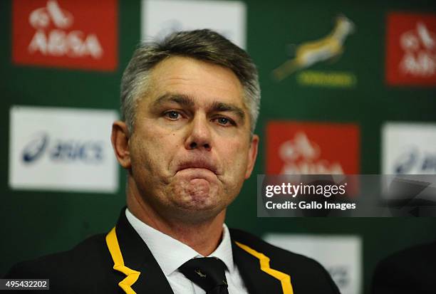 Heyneke Meyer during the South African national rugby team Homecoming at OR Tambo International Airport on November 03, 2015 in Johannesburg, South...