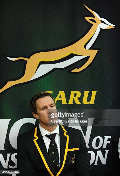 Jean De Villiers during the South African national rugby team Homecoming at OR Tambo International Airport on November 03, 2015 in Johannesburg,...