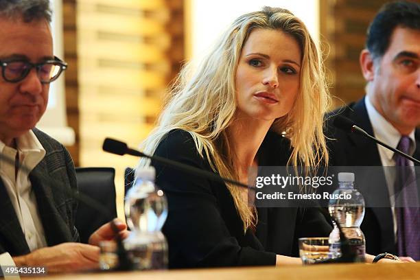 Michelle Hunziker attends the 'Insieme Contro La Violenza' Convention at Scuola di Perfezionamento per le Forze di Polizia on October 30, 2015 in...