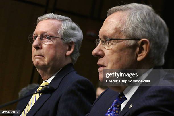 Senate Majority Leader Harry Reid and Senate Minority Leader Mitch McConnell testify before the Senate Judiciary Committee about political donations...