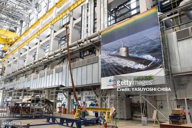 The first out of four diesel-electric submarines to be built by Brazil is under construction at the submarines shipyard in Itaguai, some 70 km south...