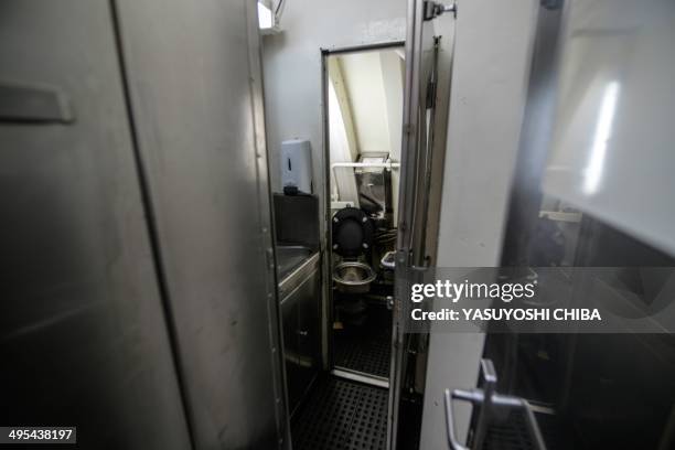 Toilet inside the BNS S34 Tikuna Brazilian diesel-electric powered type 209 attack submarine during a drill while moored at the navy base in Niteroi,...