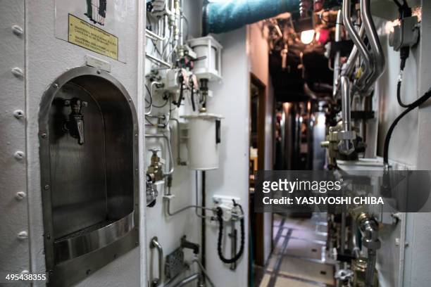 Drinking water tap inside the BNS S34 Tikuna Brazilian diesel-electric powered type 209 attack submarine during a simulation while moored at the navy...