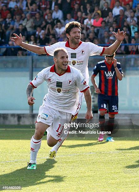 Cristian Galano of Bari celebrates after scoring his team's opening goal during the Serie B playoff match between FC Crotone and AS Bari at Stadio...