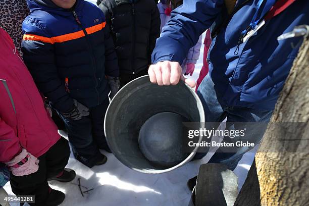 Dan Theobald, holding a bucket of frozen sap, with a group of students from the Sam Placentino Elementary School from Holliston at the Moose Hill...