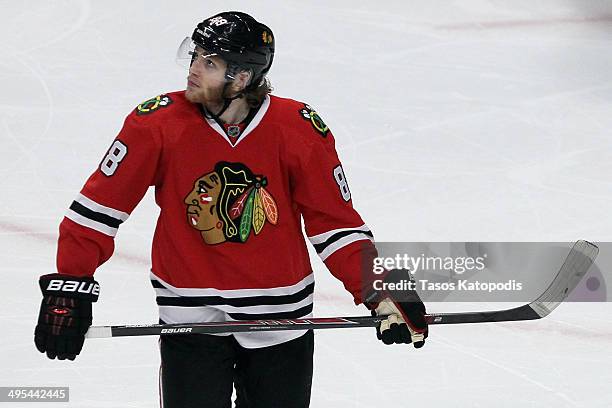 Patrick Kane of the Chicago Blackhawks looks on after losing to the Los Angeles Kings in Game Seven of the Western Conference Final in the 2014...