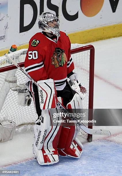 Corey Crawford of the Chicago Blackhawks tends goal against the Los Angeles Kings during Game Seven of the Western Conference Final in the 2014...