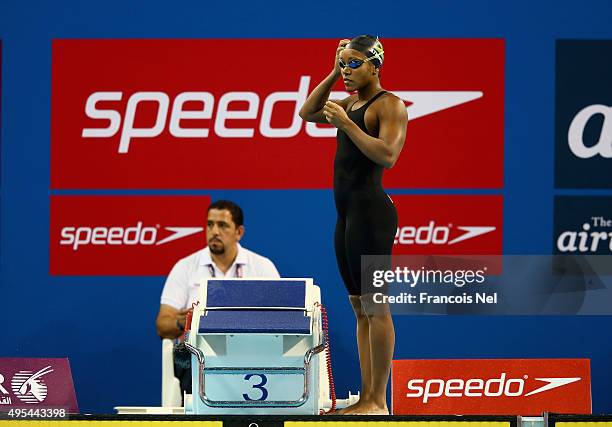 Alia Atkinson of Jamaica competes in the Women's 200m Breaststroke heats during day two of the FINA World Swimming Cup 2015 at the Hamad Aquatic...