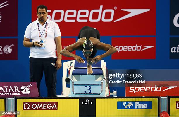 Alia Atkinson of Jamaica competes in the Women's 200m Breaststroke heats during day two of the FINA World Swimming Cup 2015 at the Hamad Aquatic...