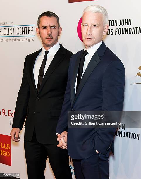 Benjamin Maisani and Journalist Anderson Cooper attend Elton John AIDS Foundation's 14th Annual An Enduring Vision Benefit at Cipriani Wall Street on...