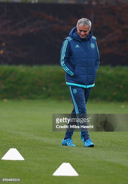 Chelsea manager Jose Mourinho in good humour during a Chelsea training session, ahead of the UEFA Champions League Group G match between Chelsea and...