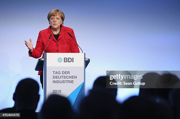 German Chancellor Angela Merkel speaks at the "Day of German Indsutry" annual gathering on November 3, 2015 in Berlin, Germany. Hosted by the German...