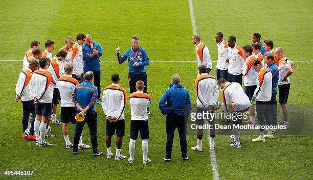 Netherlands Manager, Louis van Gaal speaks to his players during the Netherlands training session held at the AFAS Stadion on June 3, 2014 in...