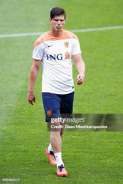 Klaas-Jan Huntelaar of the Netherlands walks off the ground during the training session held at the AFAS Stadion on June 3, 2014 in Alkmaar,...