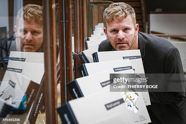 Belgian comic journalist Geert De Weyer poses on November 3, 2015 during a special "wedding event" between Madame Sidonie - Tante Sidonia and Philip...