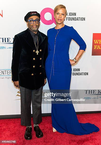 Film director Spike Lee and actress Tonya Lewis Lee attend Elton John AIDS Foundation's 14th Annual An Enduring Vision Benefit at Cipriani Wall...