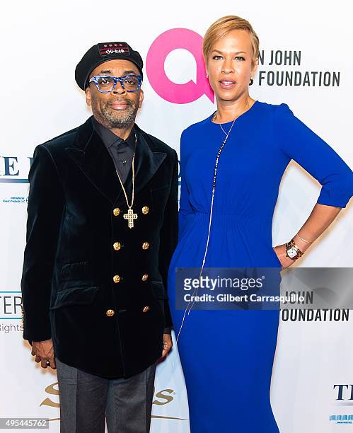 Film director Spike Lee and actress Tonya Lewis Lee attend Elton John AIDS Foundation's 14th Annual An Enduring Vision Benefit at Cipriani Wall...