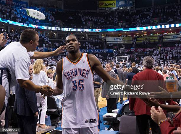 Kevin Durant of the Oklahoma City Thunder walks off the court after Game 6 of the Western Conference Finals against the San Antonio Spurs during the...