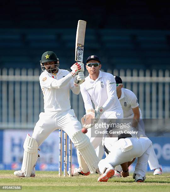 Mohammad Hafeez of Pakistan bats during day three of the 3rd Test between Pakistan and England at Sharjah Cricket Stadium on November 3, 2015 in...