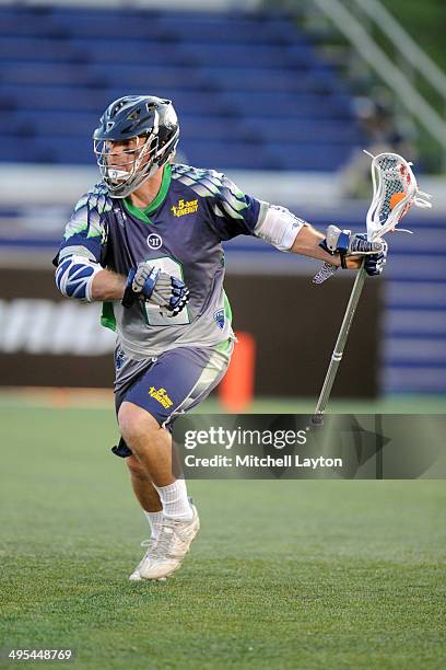 Brendan Mundorf of the Chesapeake Bayhawks runs with the ball during a MLL lacrosse game against the Ohio Machine on May 31, 2014 at Navy-Marine...