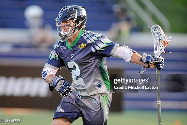 Brendan Mundorf of the Chesapeake Bayhawks runs with the ball during a MLL lacrosse game against the Ohio Machine on May 31, 2014 at Navy-Marine...
