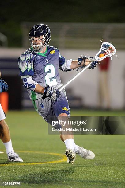 Brendan Mundorf of the Chesapeake Bayhawks runs with the ball during a MLL lacrosse game against the Ohio Machine on May 31, 2014 at Navy-Marine...