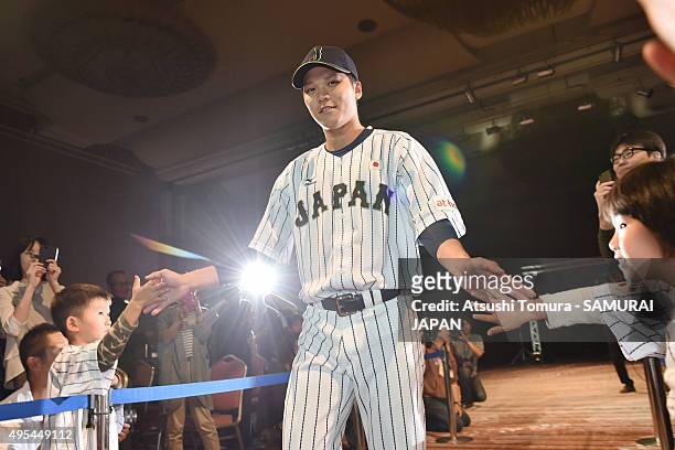 Hayato Sakamoto of Samurai Japan attends a farewell party at Fukuoka Dome on November 3, 2015 in Fukuoka, Japan.