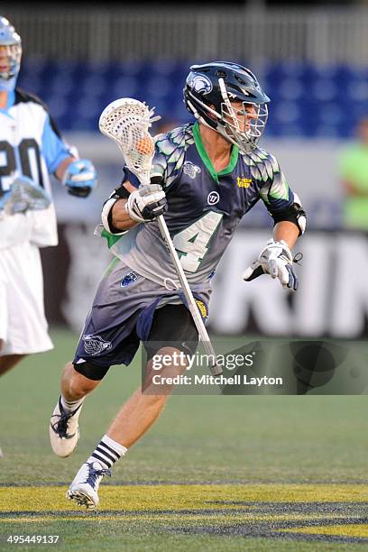 Dan Burns of the Chesapeake Bayhawks runs with the ball during a MLL lacrosse game against the Ohio Machine on May 31, 2014 at Navy-Marine Corps...