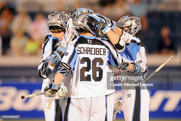 The Ohio Machine celebrate a goal during a MLL lacrosse game against the Chesapeake Bayhawks on May 31, 2014 at Navy-Marine Corps Memorial Stadium in...