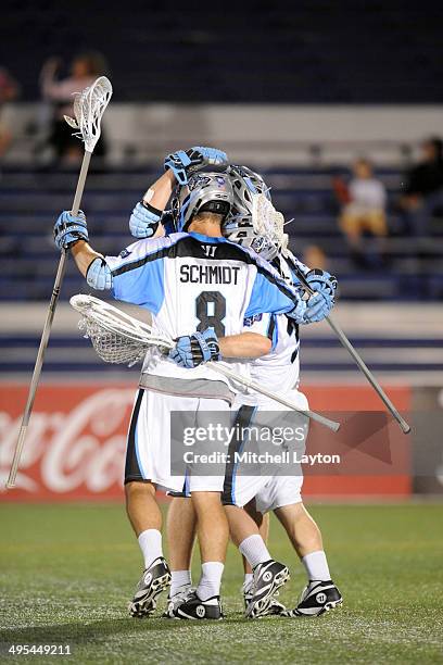 The Ohio Machine celebrate a goal during a MLL lacrosse game against the Chesapeake Bayhawks on May 31, 2014 at Navy-Marine Corps Memorial Stadium in...