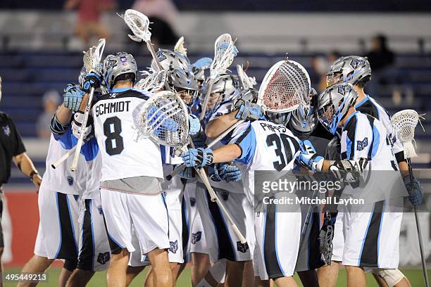 The Ohio Machine celebrate a win after a MLL lacrosse game against the Chesapeake Bayhawks on May 31, 2014 at Navy-Marine Corps Memorial Stadium in...