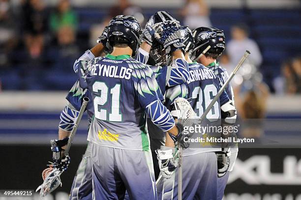The Chesapeake Bayhawks celebrate a goal during a MLL lacrosse game against the Ohio Machine on May 31, 2014 at Navy-Marine Corps Memorial Stadium in...