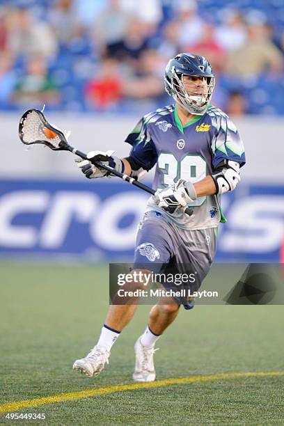 Matt Mackrides of the Chesapeake Bayhawks looks to pass the ball during a MLL lacrosse game against the Ohio Machine on May 31, 2014 at Navy-Marine...