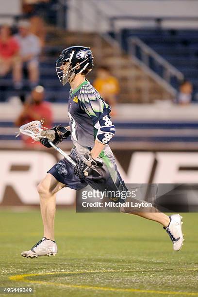 Matt Abbott of the Chesapeake Bayhawks runs with the ball during a MLL lacrosse game against the Ohio Machine on May 31, 2014 at Navy-Marine Corps...