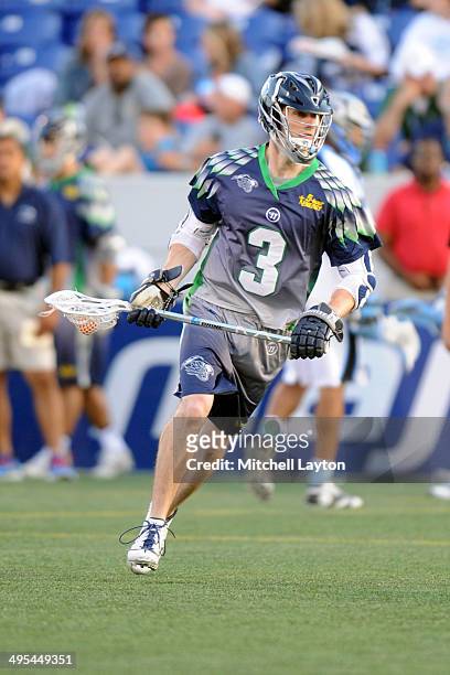 Matt Abbott of the Chesapeake Bayhawks looks to pass the ball during a MLL lacrosse game against the Ohio Machine on May 31, 2014 at Navy-Marine...