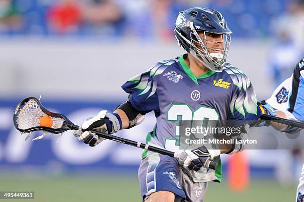 Matt Mackrides of the Chesapeake Bayhawks looks to pass the ball during a MLL lacrosse game against the Ohio Machine on May 31, 2014 at Navy-Marine...