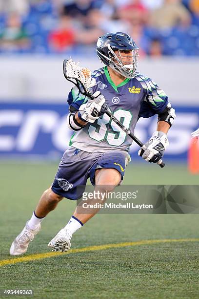 Matt Mackrides of the Chesapeake Bayhawks runs with the ball the ball during a MLL lacrosse game against the Ohio Machine on May 31, 2014 at...