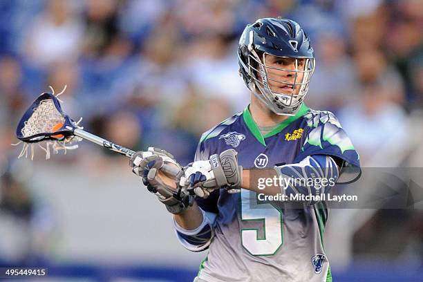 Kyle Dixon of the Chesapeake Bayhawks looks to pass the ball during a MLL lacrosse game against the Ohio Machine on May 31, 2014 at Navy-Marine Corps...