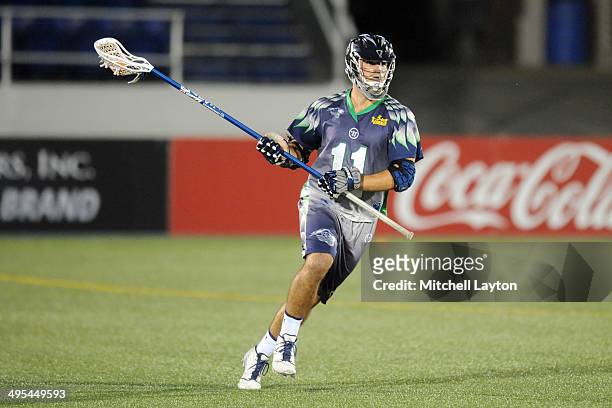 Brian Megill of the Chesapeake Bayhawks runs with the ball during a MLL lacrosse game against the Ohio Machine on May 31, 2014 at Navy-Marine Corps...