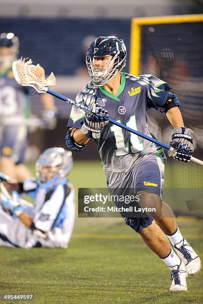 Brian Megill of the Chesapeake Bayhawks runs with the ball during a MLL lacrosse game against the Ohio Machine on May 31, 2014 at Navy-Marine Corps...