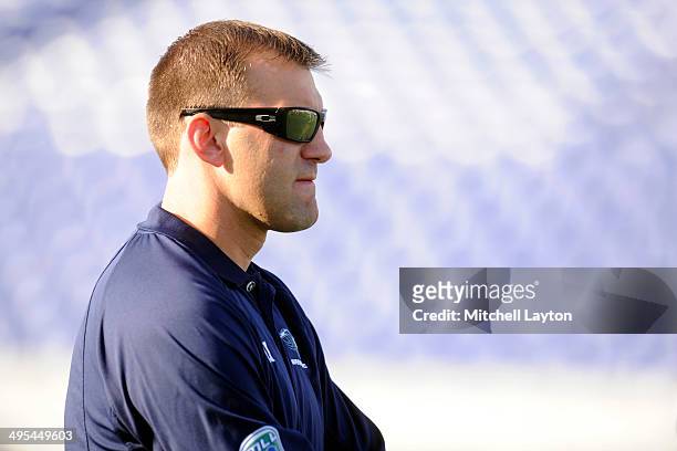 Assistant coach Brian Reese of the Chesapeake Bayhawks looks on before a MLL lacrosse game against the Ohio Machine on May 31, 2014 at Navy-Marine...